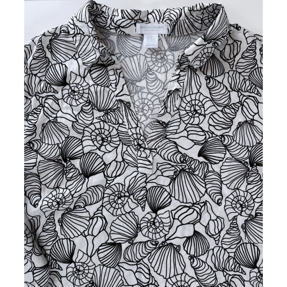 Martha Stewart 2X Linen Blend Seashell Print Popover Tunic Blouse Beach Coastal - Picture 5 of 12